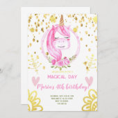 ピンクユニコーン顔金ゴールド紙吹雪ガール誕生日 招待状 (正面/裏面)