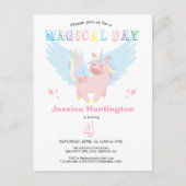 ピンクユニコーン魔法の日の誕生日パーティーの招待状 ポストカード (正面)