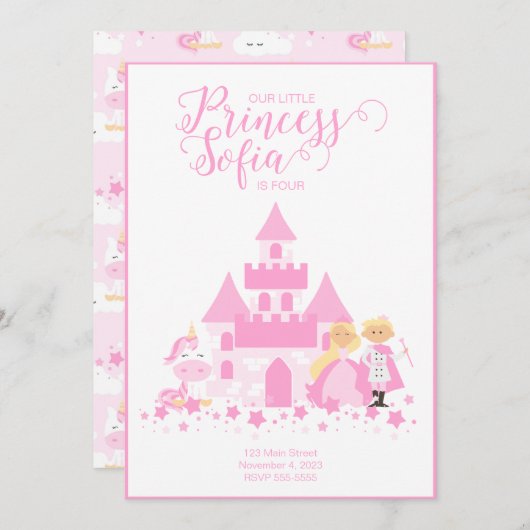 ピンクユニコーン&プリンセスパーティの招待状 招待状 (正面/裏面)