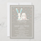 ピンクユニークのツインガール&ボーイバニー赤ちゃんシャワー 招待状 (正面)
