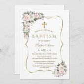 ピンクユニークの白い花金ゴールドガールバプテスマ 招待状 (正面/裏面)