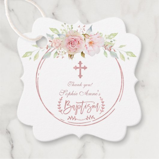 ピンクユニークの花開花バラ金ゴールドクロスバプテスマ フェイバータグ (正面)