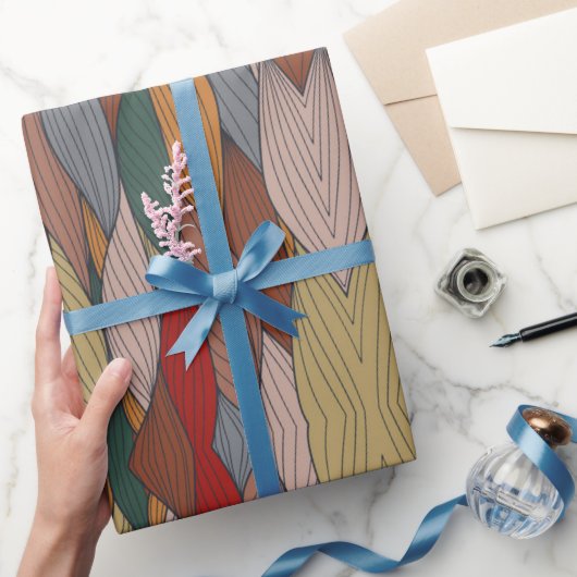 ピンクユニークオレンジブラウングリーンの波状パターン ラッピングペーパー (ギフト)