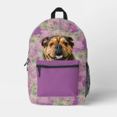 ピンクユニークグランジ薄紫ブルドッグ犬の恋人の写真 プリントバックパック (正面)