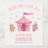 ピンクユニークサーカスベアーモンキーベビーシャワー ワインラベル (シングルラベル)