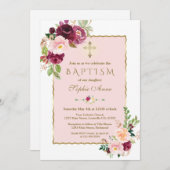 ピンクユニークバーガンディサフラン花金ゴールドバプテスマ 招待状 (正面/裏面)