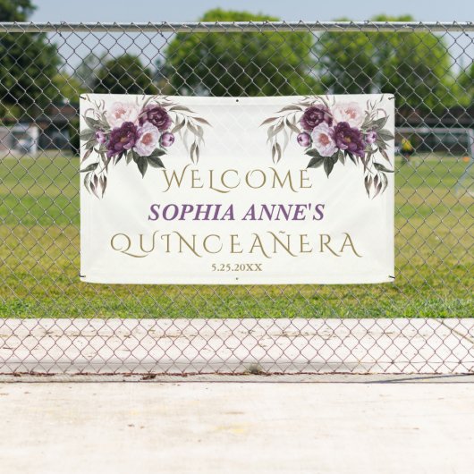 ピンクユニークパープルフローラクインセアニェラウェルカムサイン 横断幕 (インサイチュ)