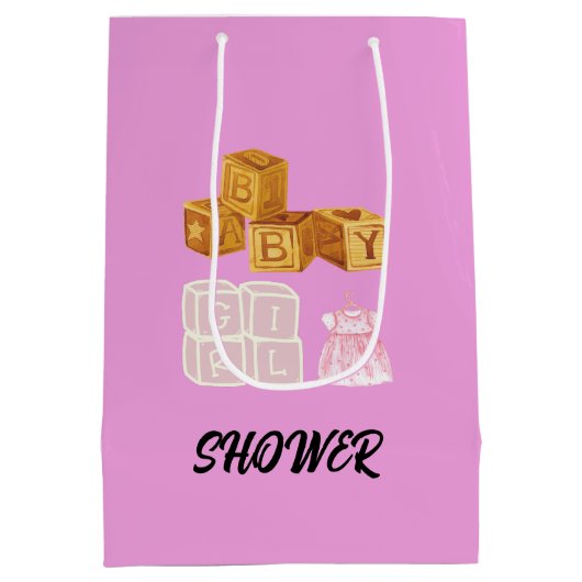 ピンクユニークベビーガールサイコロベビーシャワー抱き枕 ミディアムペーパーバッグ (裏面)