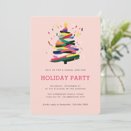 ピンクユニークモダンクリスマスツリーホリデーパーティー 招待状 (スタンド正面)