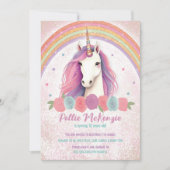 ピンクユニークユニコーン,バラ,レインボーバースデーパーティー 招待状 (正面)