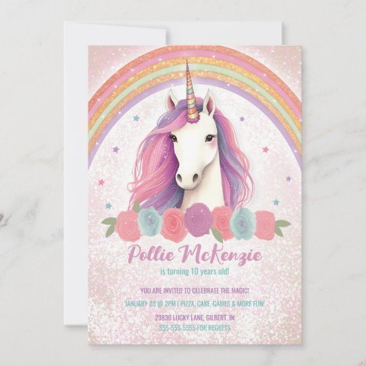 ピンクユニークユニコーン，バラ，レインボーバースデーパーティー 招待状 (正面)