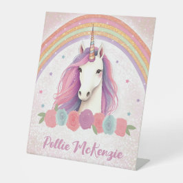 ピンクユニークユニコーン，バラ，レインボー誕生日 台座サイン