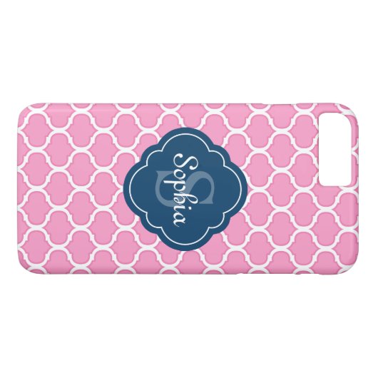 ピンクユニーク格子模様ネイビーブルーモノグラム Case-Mate iPhoneケース (裏面(横))