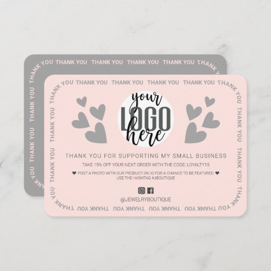 ピンクユニーク縁どハートのロゴカスタマーに感謝 サンキューカード (正面/裏面)