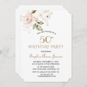 ピンクユニーク赤面金ゴールド花50誕生日 招待状 (正面/裏面)