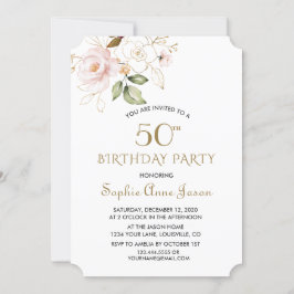 ピンクユニーク赤面金ゴールド花50誕生日 招待状