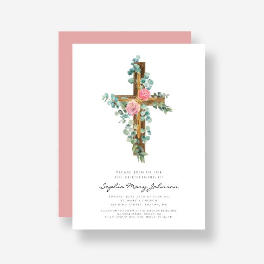 ピンクユーカリプトゥスクロス宗教《キリスト教》洗礼式や命名式 招待状