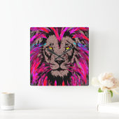 ピンクライオンヘッドライオンクロックライオン顔ポートレート スクエア壁時計 (ホーム)