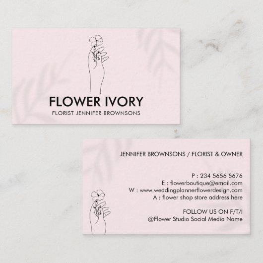 ピンクライトシンプルハンドホールフラワービジネス 名刺 (正面/裏面)