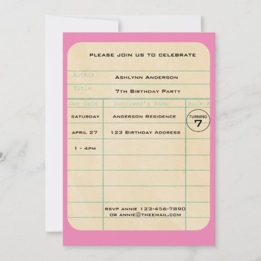 ピンクライブラリカード誕生日 招待状 (正面)