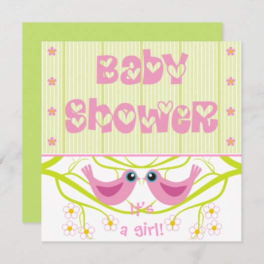 ピンクライムかわいいカワイバーディズベビーシャワー招待状 招待状 (正面/裏面)