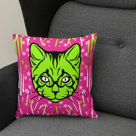 ピンクライム白黒可愛モダンい猫カラフル クッション