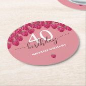 ピンクラズベリーウォーターカラーアートカリグラフィー誕生日 ラウンドペーパーコースター (アングル)