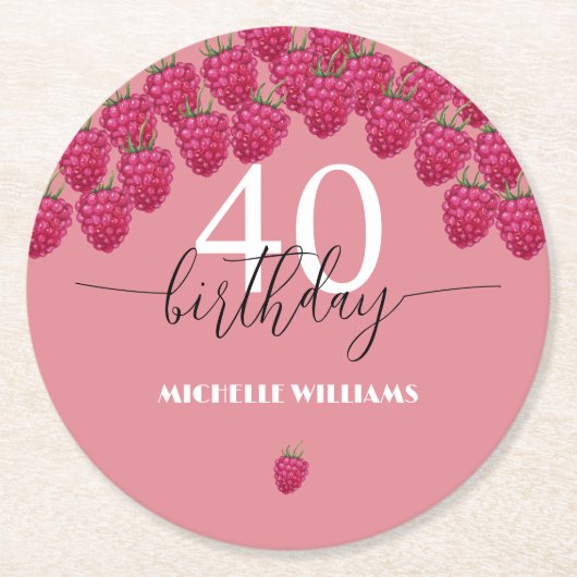 ピンクラズベリーウォーターカラーアートカリグラフィー誕生日 ラウンドペーパーコースター (正面)