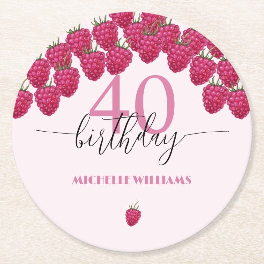 ピンクラズベリーウォーターカラーアートカリグラフィー誕生日 ラウンドペーパーコースター (正面)