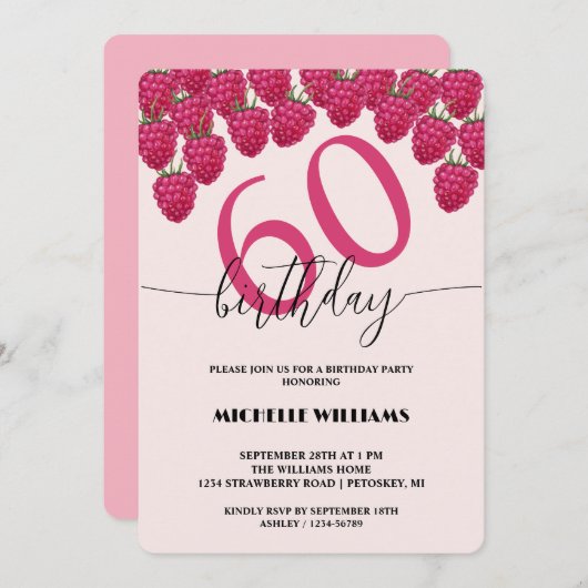 ピンクラズベリーウォーターカラーアートカリグラフィー誕生日 招待状 (正面/裏面)