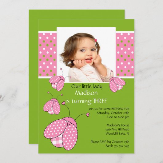 ピンクラディバグフォト誕生日招待状 招待状 (正面/裏面)