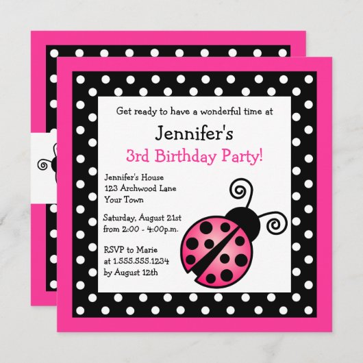 ピンクラディバグ誕生日-白黒水玉模様 招待状 (正面/裏面)