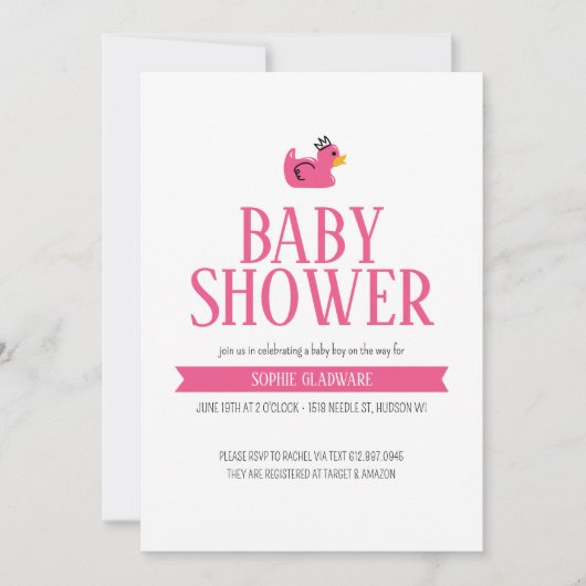 ピンクラバーアヒル赤ちゃんガールシャワー 招待状 (正面)