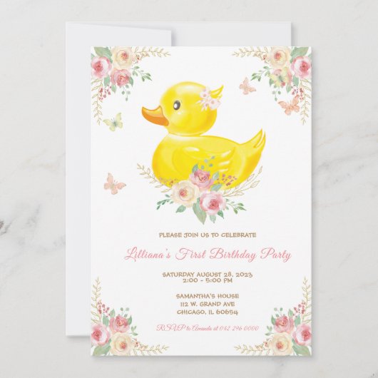 ピンクラバーダックガールファースト誕生日 招待状 (正面)