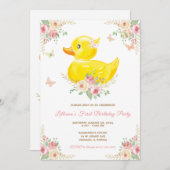 ピンクラバーダックガールファースト誕生日 招待状 (正面/裏面)