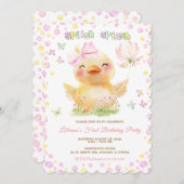 ピンクラバーダックガールファースト誕生日 招待状 (正面/裏面)