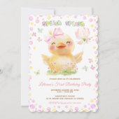 ピンクラバーダックガールファースト誕生日 招待状 (正面)