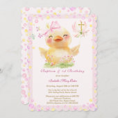 ピンクラバーダックバプテスマと誕生日 招待状 (正面/裏面)