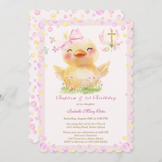 ピンクラバーダックバプテスマと誕生日 招待状 (正面/裏面)