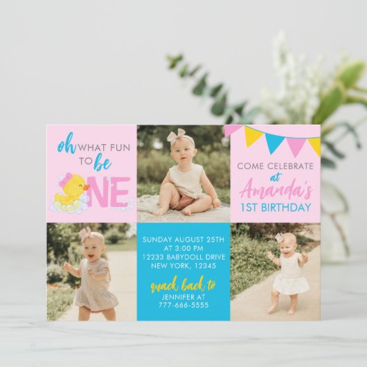 ピンクラバーダック3フォト誕生日招待状 招待状 (スタンド正面)