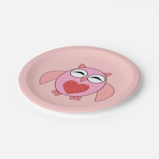 ピンクラブハートフクロウ紙パーティープレート ペーパープレート (アングル)