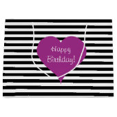 ピンクラブハートブラック&ホワイトパターストライプのン文字 ラージペーパーバッグ (正面)