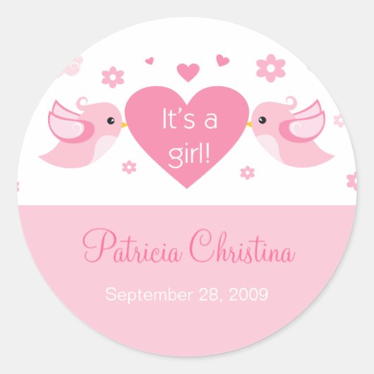 ピンクラブバードベビー誕生のお知らせ ラウンドシール (正面)