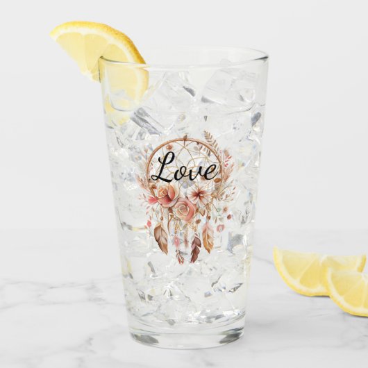 ピンクラブボホフローラフェザーズドリームキャッチャー タンブラーグラス (アイス正面)