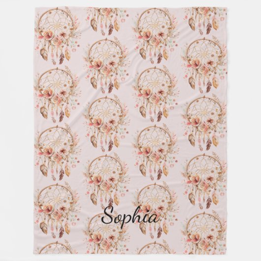 ピンクラブボホフローラフェザーズドリームキャッチャー フリースブランケット (正面)
