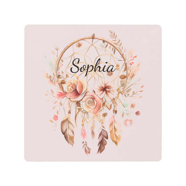 ピンクラブボホフローラフェザーズドリームキャッチャー メタルプリント (正面)