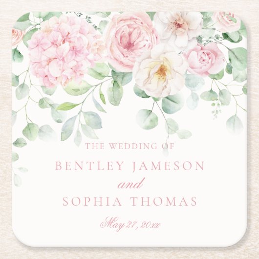 ピンクラブ開花フローラアジサイ結婚ズ スクエアペーパーコースター (正面)