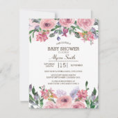 ピンクラベンダーウォーターカラー春フローラベビーシャワー 招待状 (正面)