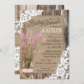 ピンクラベンダーウッドレースベビー素朴シャワー 招待状 (正面/裏面)