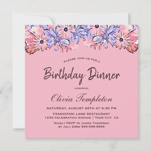 ピンクラベンダーフローラ誕生日ディナーパーティー 招待状 (正面)
